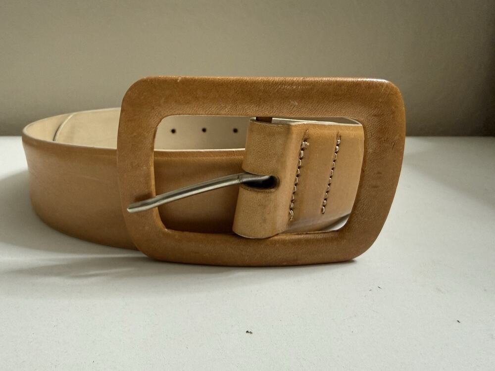 Vintage Danilo Dolci Leather Belt Size 44 Tan Camel Oversized Buckle Wide